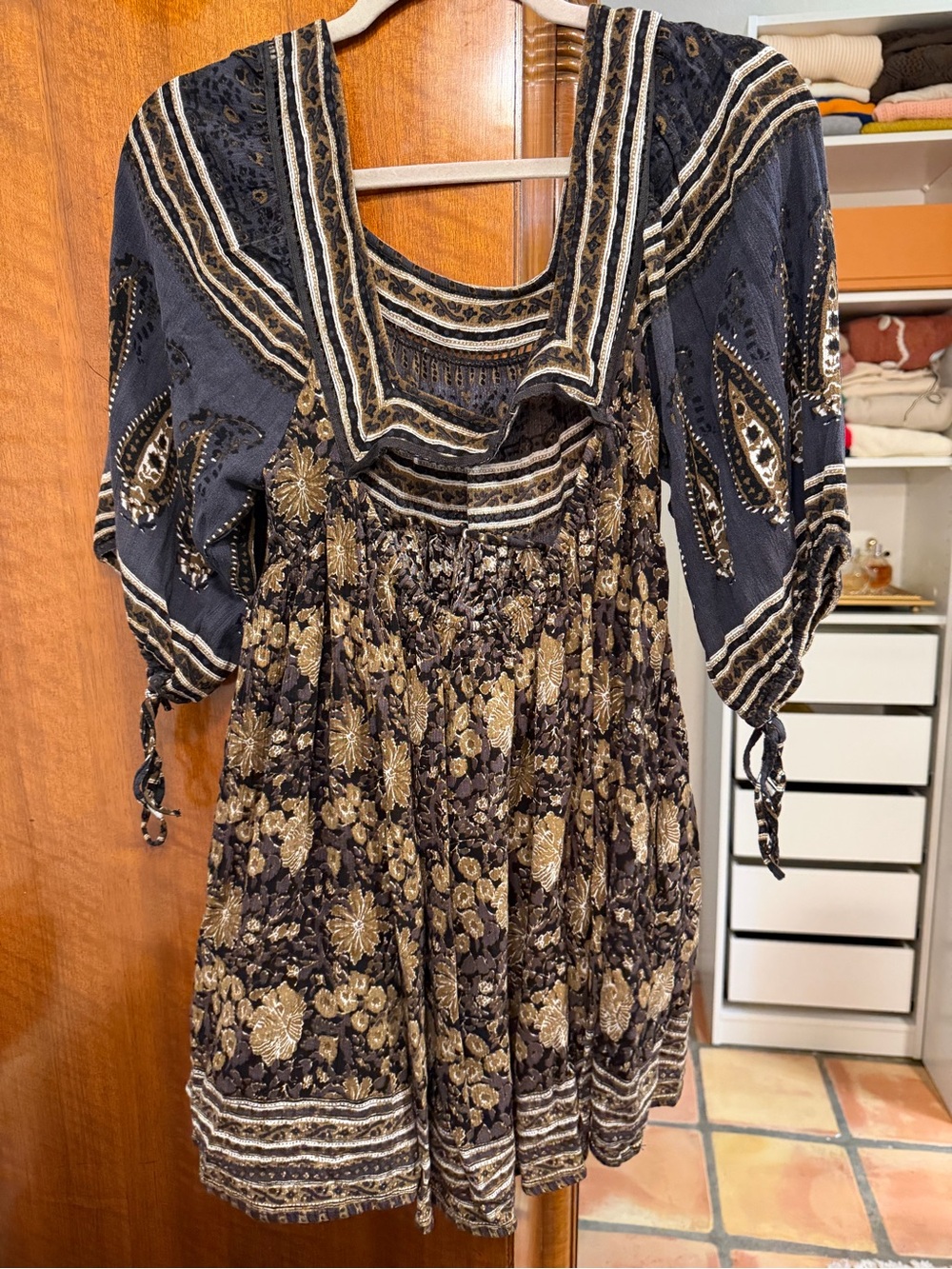 Free People Boho Paisley Floral Mini Dress Brown Black M - Picture 4 of 6